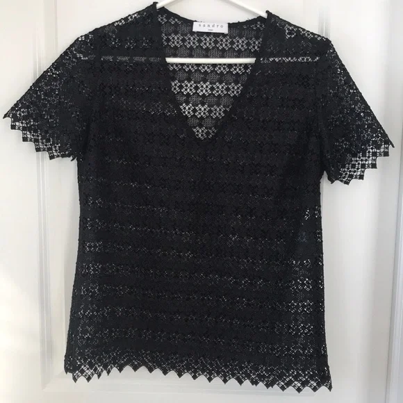 Sandro Tops Sandro Black Lace Short Sleeved Top Poshmark
